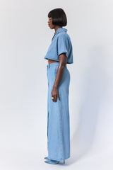 DAVENPORT WASHED DENIM FRONT FLAP WIDE LEG PANTS
