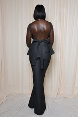 LINCOLN BACKLESS PEPLUM TOP IN BLACK DENIM