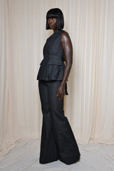 LINCOLN BACKLESS PEPLUM TOP IN BLACK DENIM