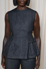 LINCOLN BACKLESS PEPLUM TOP IN BLACK DENIM
