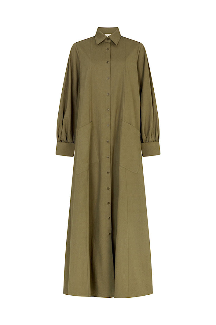 MODENA MAXI FLARED SHIRT DRESS IN KHAKI GREEN