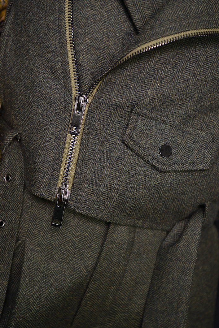 HARROW HERRINGBONE BIKER JACKET IN GREEN