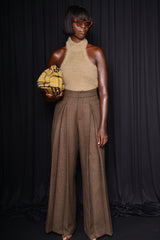 HARROW WIDE LEG HERRINGBONE PLEATED PANTS IN BROWN