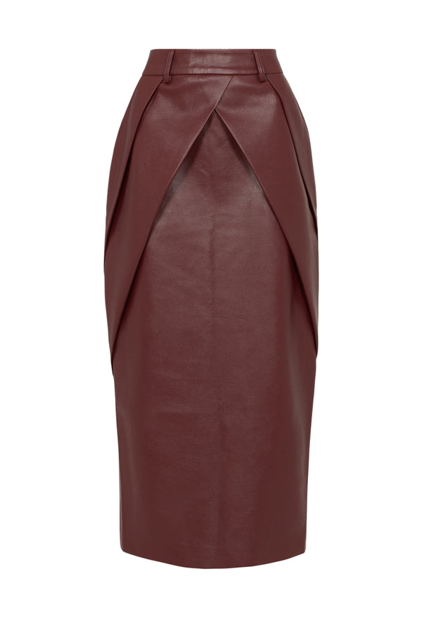 FARGO FAUX LEATHER DIAGONAL PLEATED SKIRT IN OXBLOOD