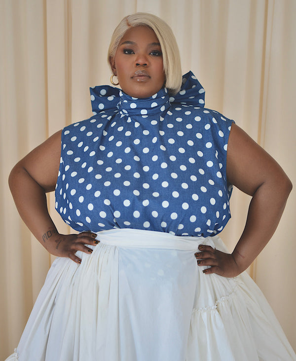 ASPEN DENIM POLKADOT PUSSY BOW BLOUSE IN DARK BLUE
