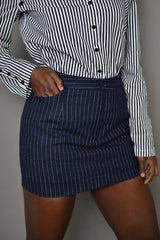MILAN PINSTRIPED TAILORED MINI SKIRT IN NAVY