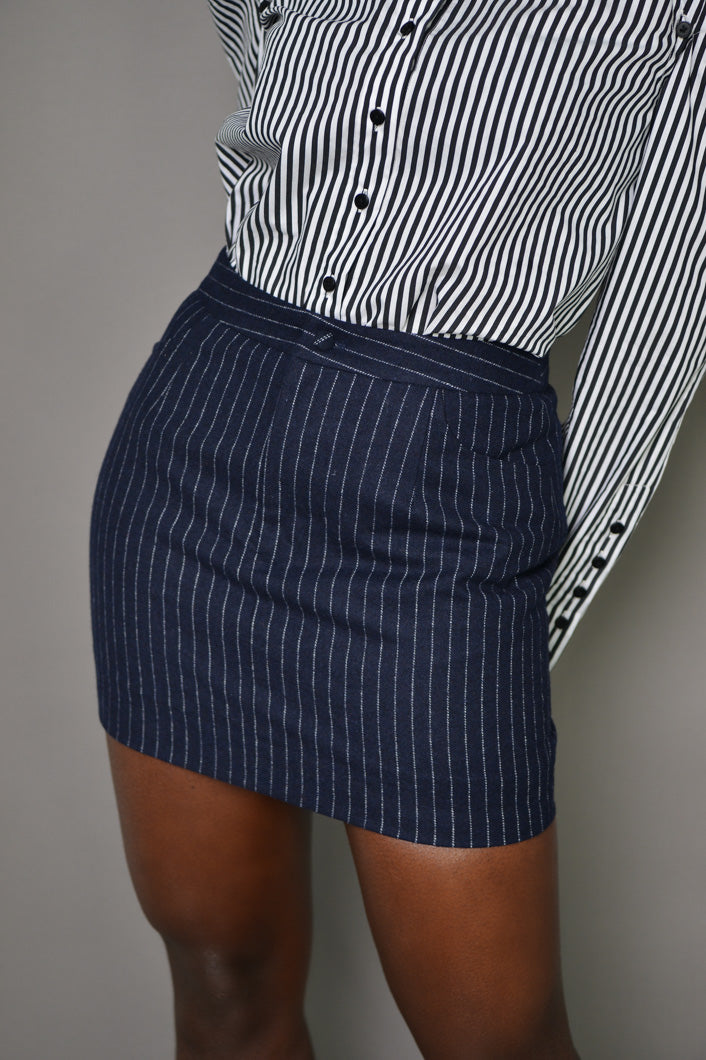 MILAN PINSTRIPED TAILORED MINI SKIRT IN NAVY