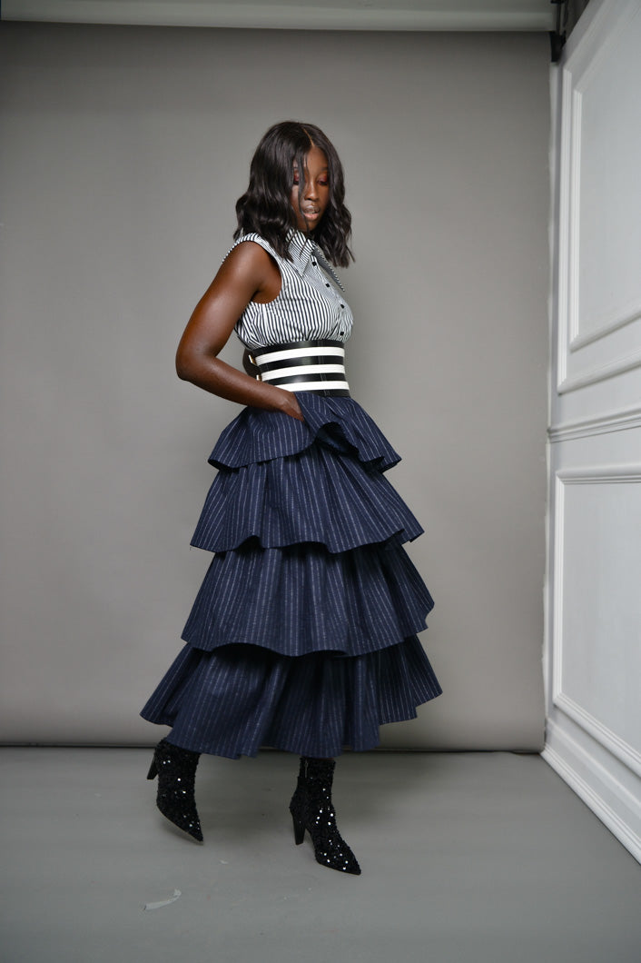 MILAN 2 in 1 PINSTRIPED MIDI-MINI TIERED SKIRT IN NAVY