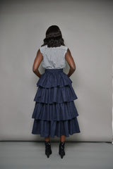 MILAN 2 in 1 PINSTRIPED MIDI-MINI TIERED SKIRT IN NAVY