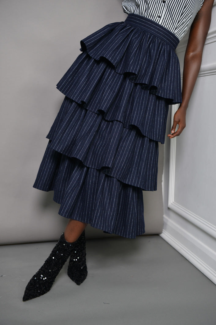 MILAN 2 in 1 PINSTRIPED MIDI-MINI TIERED SKIRT IN NAVY