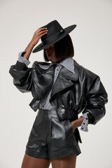 FARGO REVERSIBLE FAUX LEATHER BOMBER IN BLACK