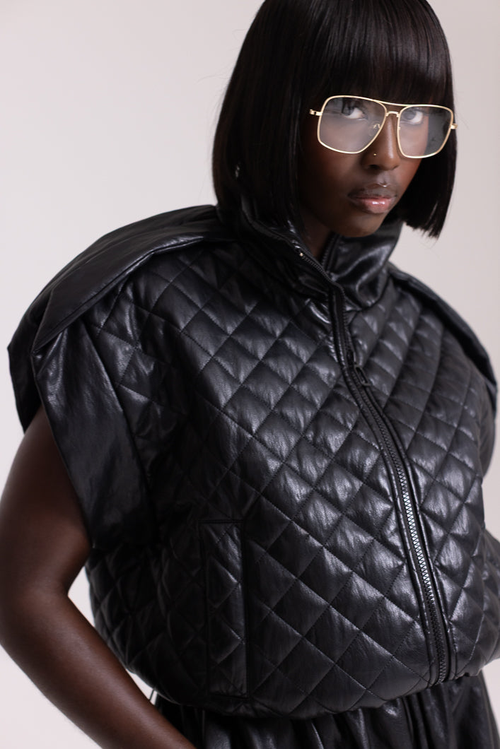 GHENT FAUX LEATHER PADDED GILET IN BLACK
