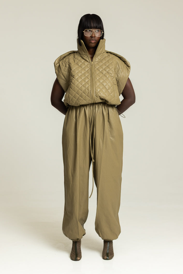 GHENT FAUX LEATHER HAREM PANTS IN KHAKI