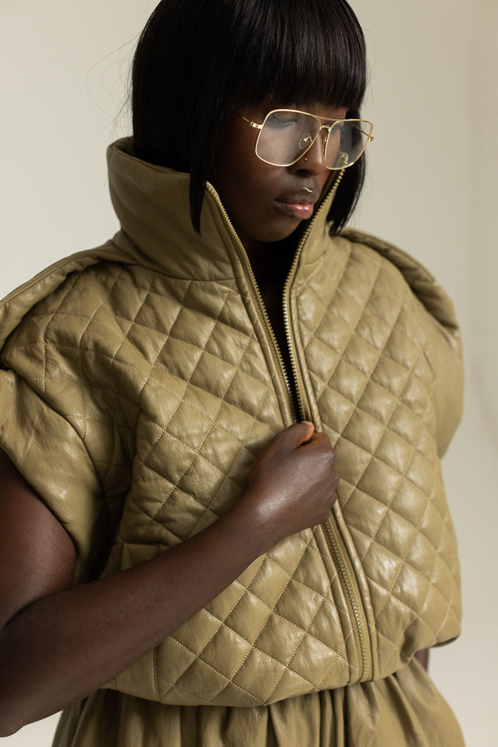 GHENT FAUX LEATHER PADDED GILET IN KHAKI