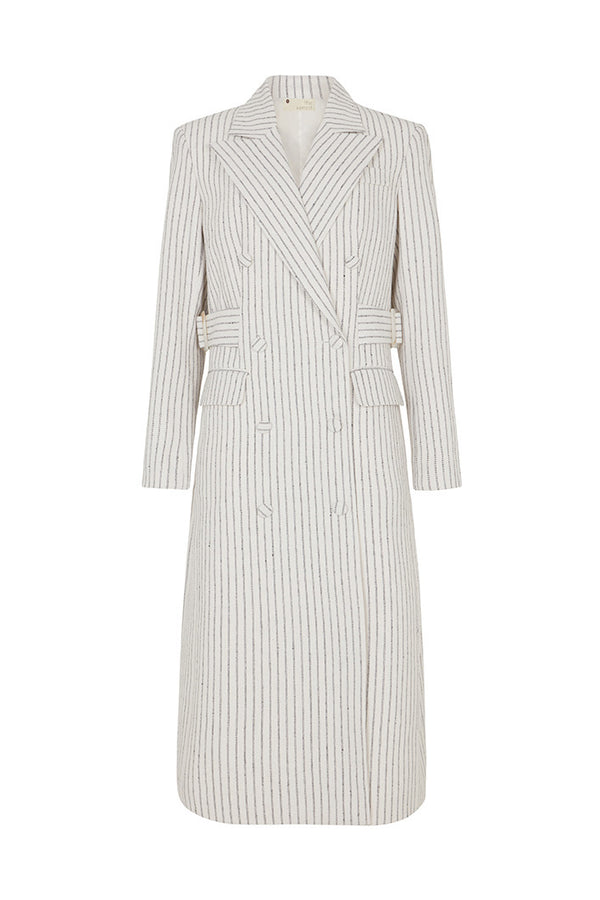 GRAHAM TAILORED PINSTRIPED COAT WITH SIDE BELT IN OFF-WHITE