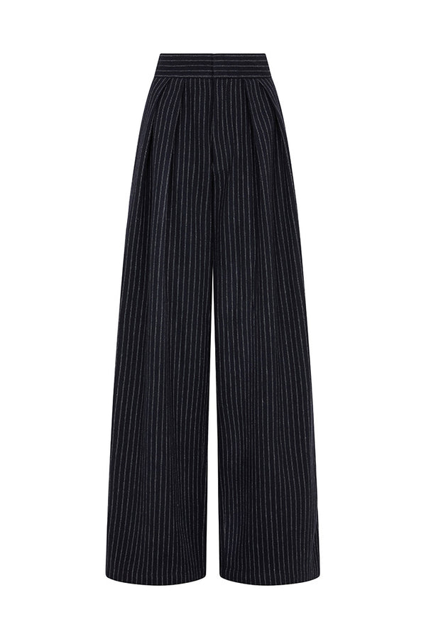 GRAHAM PINSTRIPED WIDE LEG PANTS IN NAVY