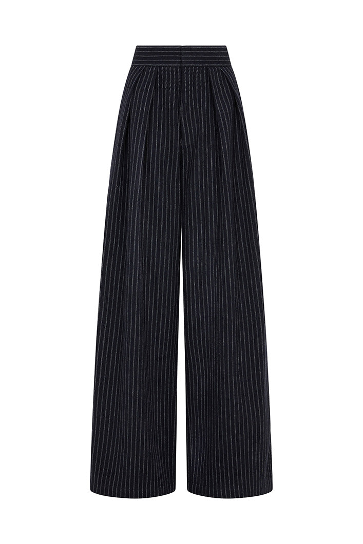 GRAHAM PINSTRIPED WIDE LEG PANTS IN NAVY