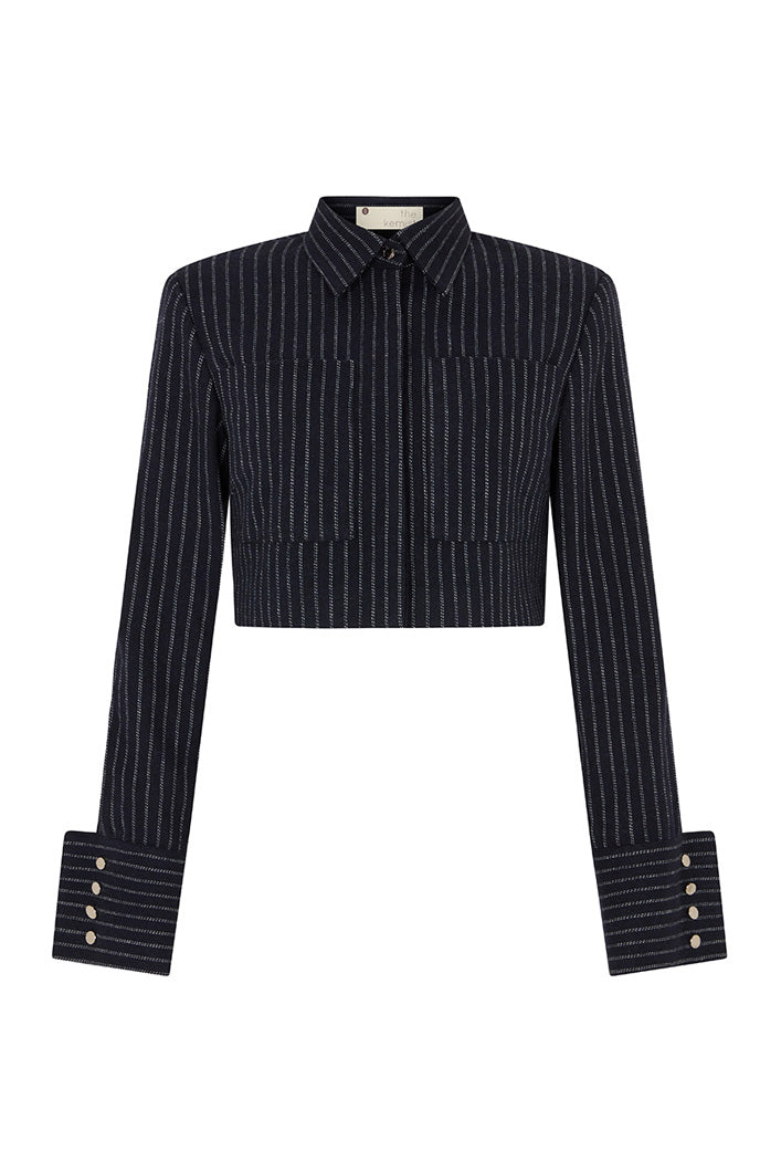 GRAHAM PINSTRIPED CROPPED SHIRT JACKET IN NAVY