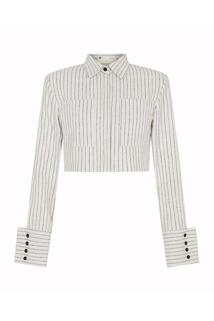 GRAHAM PINSTRIPED CROPPED SHIRT JACKET IN OFF-WHITE