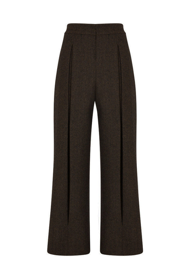 HARROW WIDE LEG HERRINGBONE FRONT PLEATED PANTS IN DARK BROWN