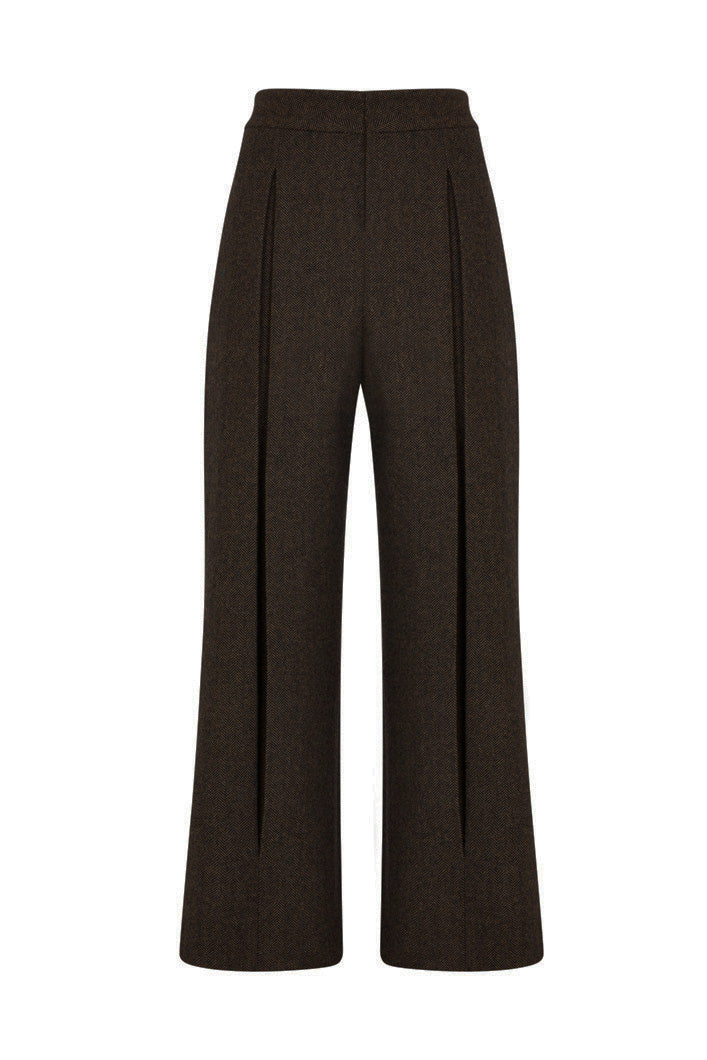 HARROW WIDE LEG HERRINGBONE FRONT PLEATED PANTS IN DARK BROWN