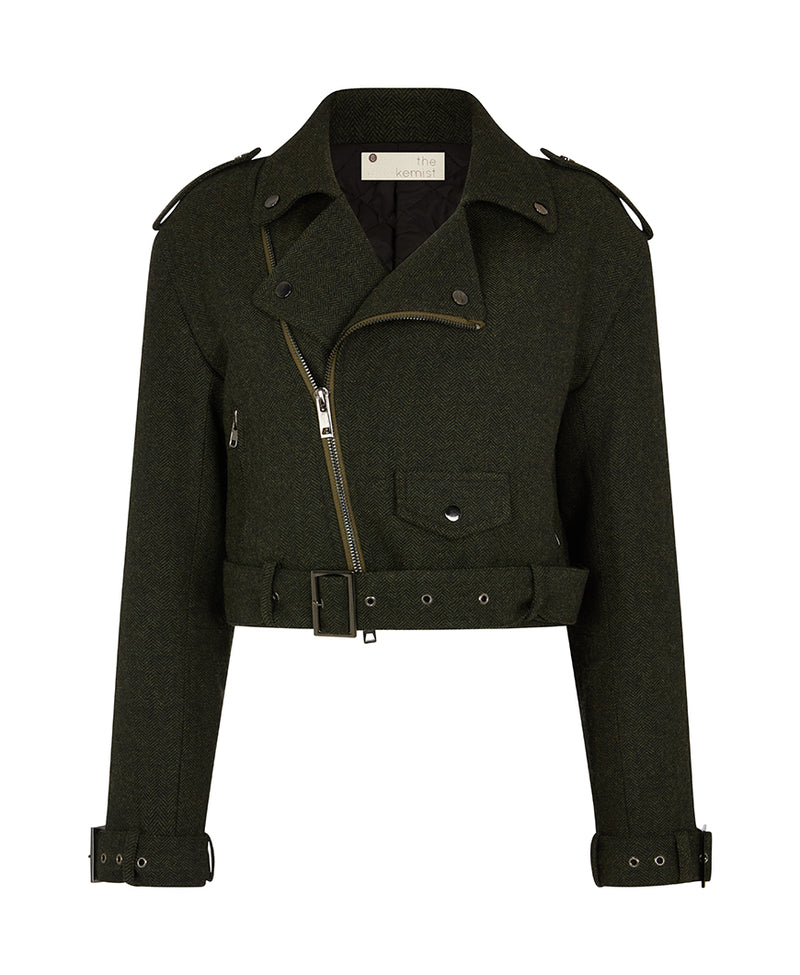 HARROW HERRINGBONE BIKER JACKET IN GREEN