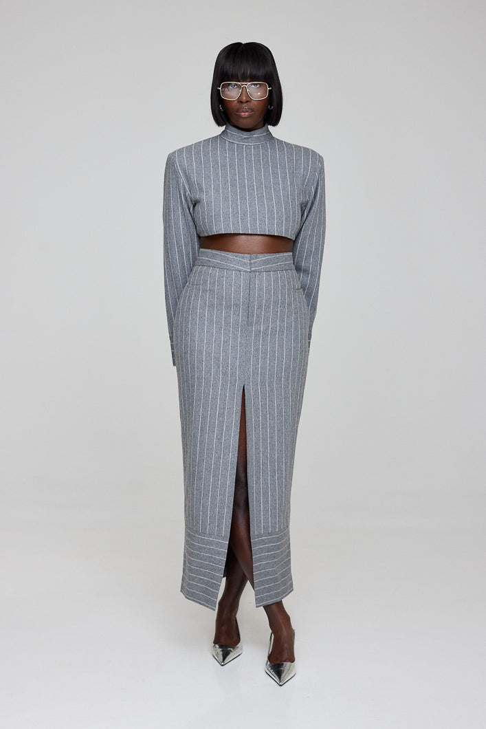HIGHBURY CHALK STRIPE LONG SLEEVE TOP IN GREY
