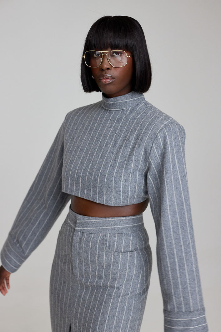 HIGHBURY CHALK STRIPE LONG SLEEVE TOP IN GREY