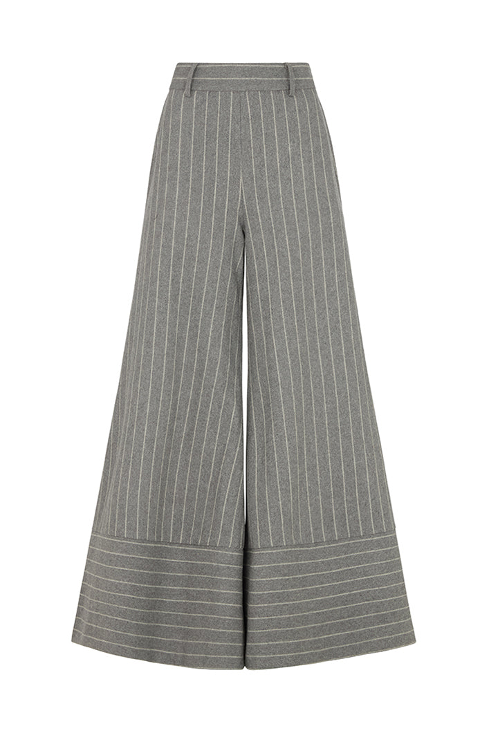 HIGHBURY CHALK STRIPE FLARED PANTS IN GREY