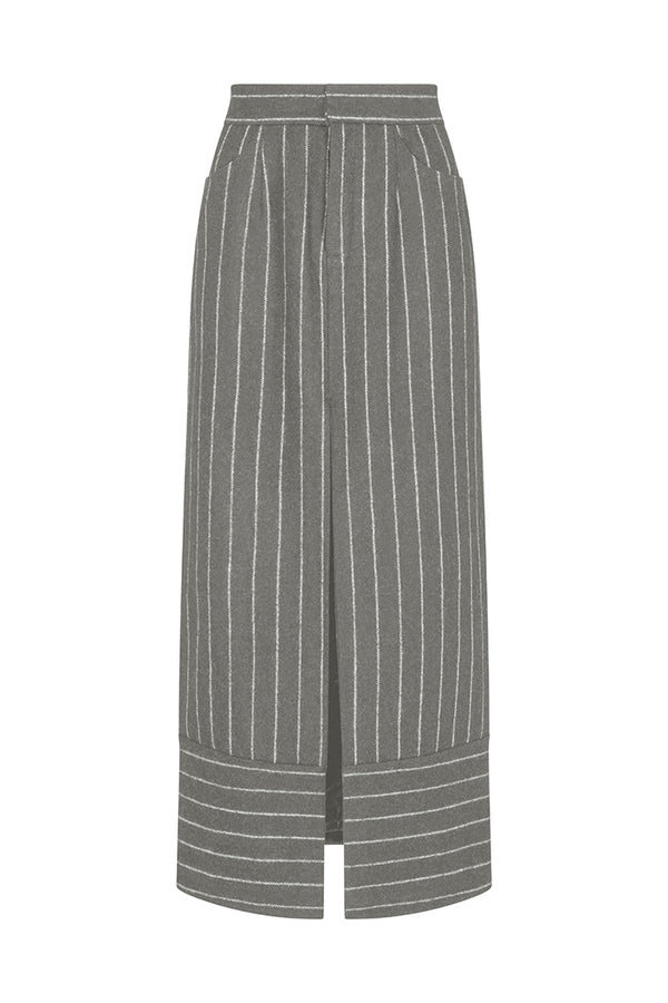 HIGHBURY CHALK STRIPE MAXI PENCIL SKIRT IN GREY