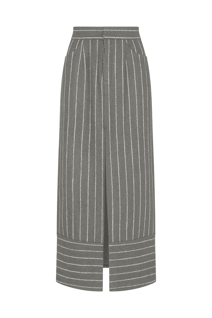 HIGHBURY CHALK STRIPE MAXI PENCIL SKIRT IN GREY