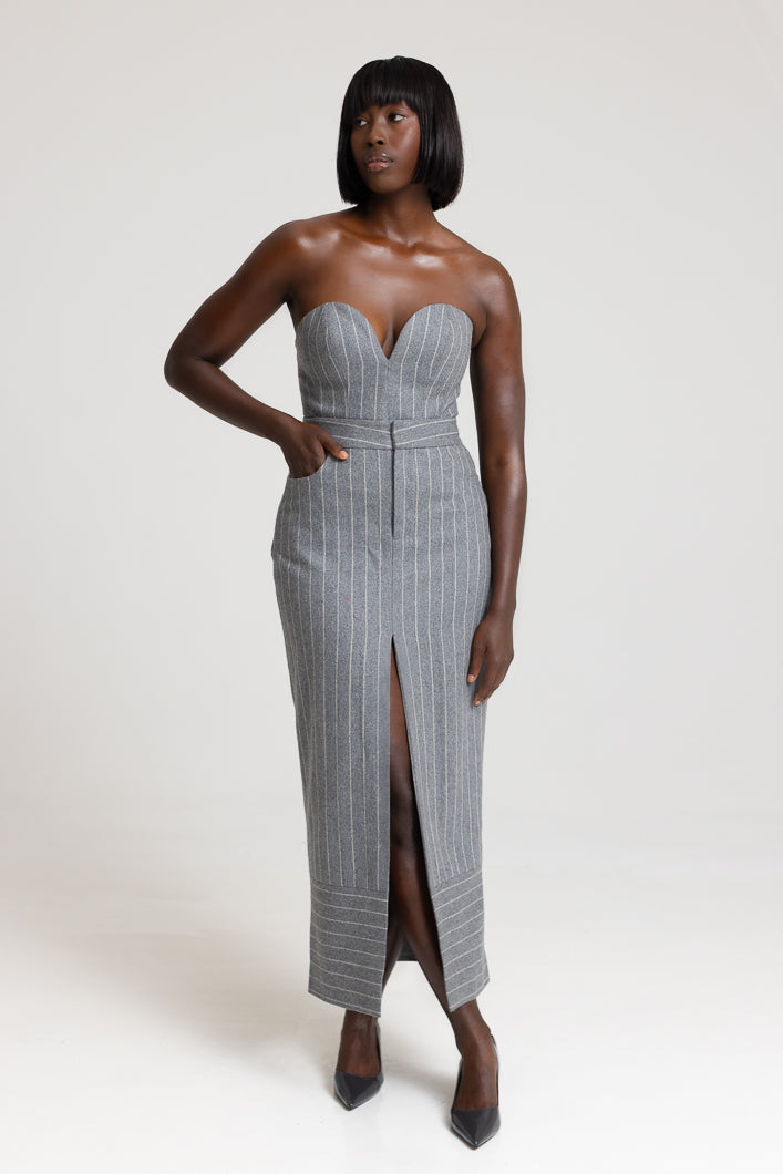HIGHBURY CHALK STRIPE MAXI PENCIL SKIRT IN GREY