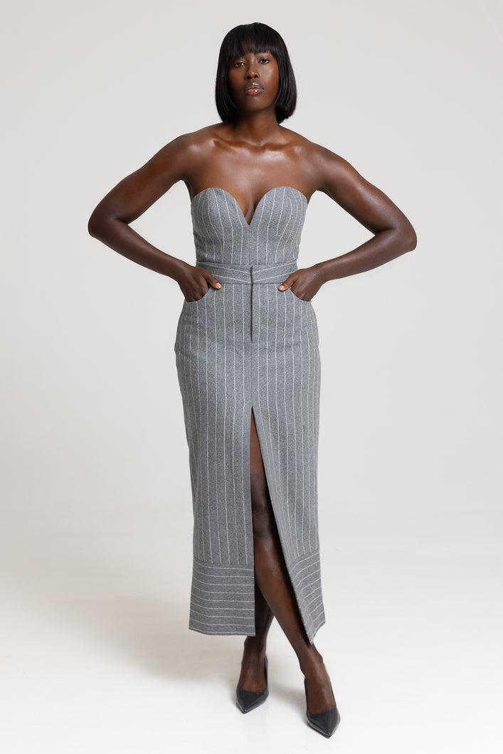 HIGHBURY CHALK STRIPE MAXI PENCIL SKIRT IN GREY