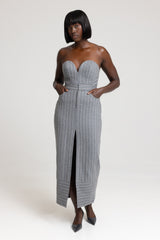 HIGHBURY CHALK STRIPE MAXI PENCIL SKIRT IN GREY