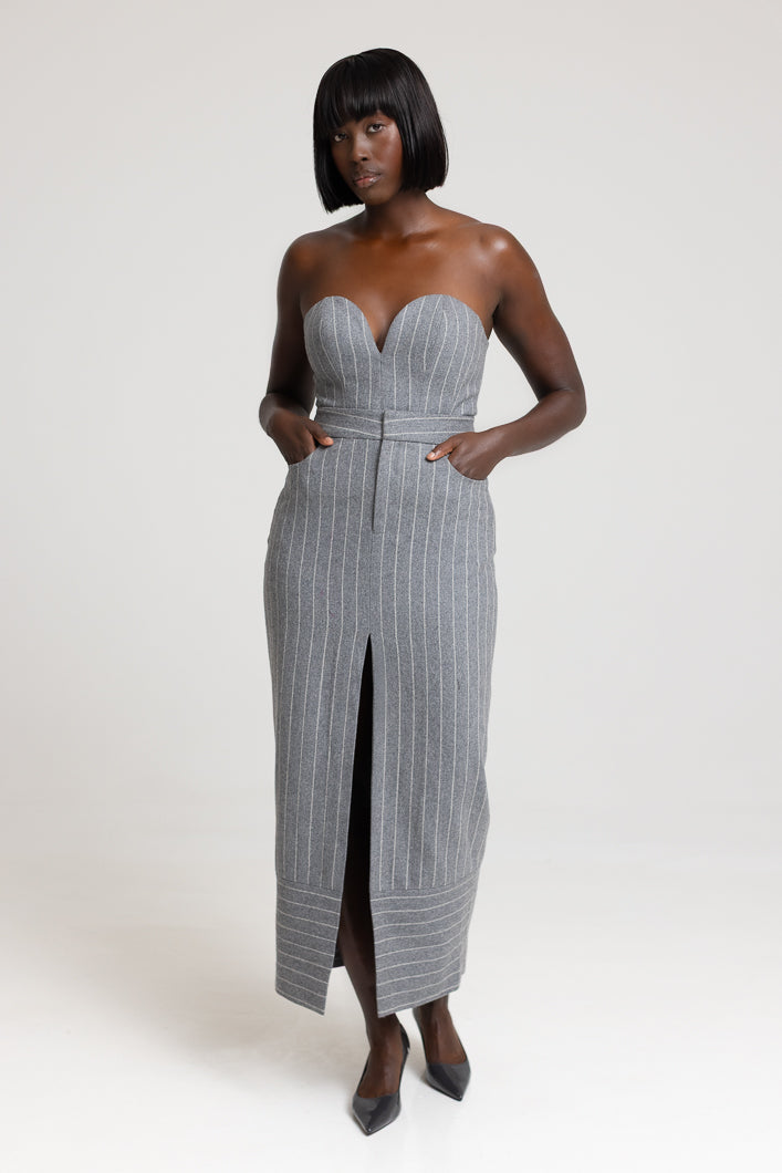 HIGHBURY CHALK STRIPE MAXI PENCIL SKIRT IN GREY