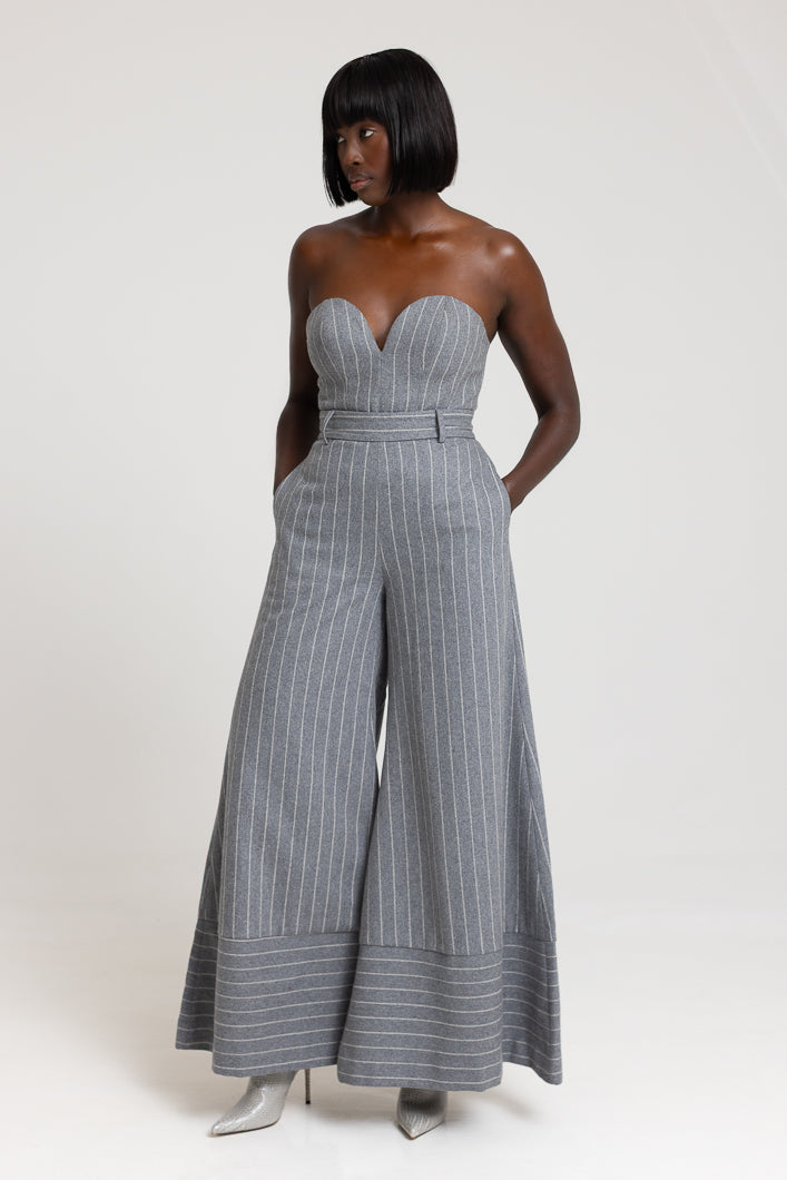 HIGHBURY CHALK STRIPE FLARED PANTS IN GREY