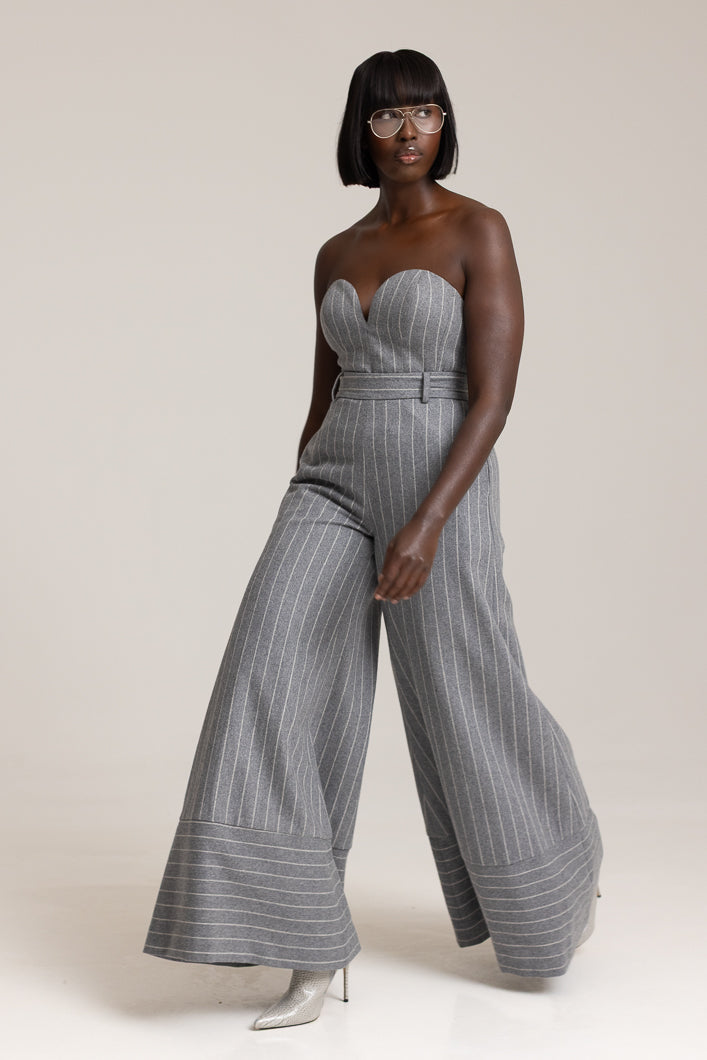 HIGHBURY CHALK STRIPE FLARED PANTS IN GREY