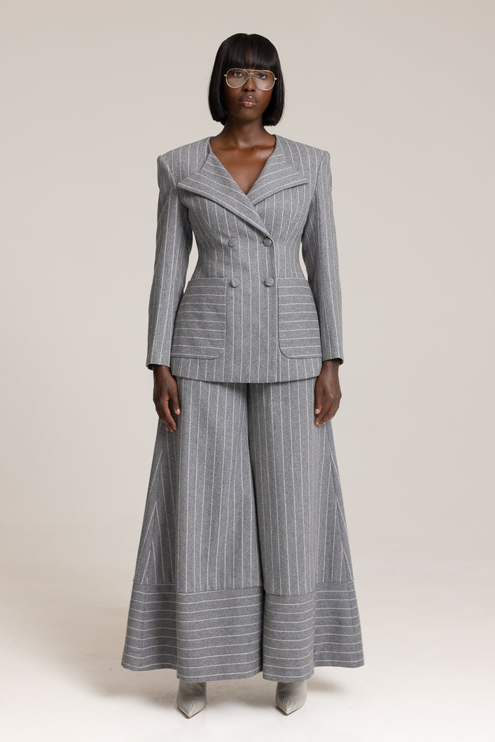 HIGHBURY CHALK STRIPE TAILORED BLAZER IN GREY