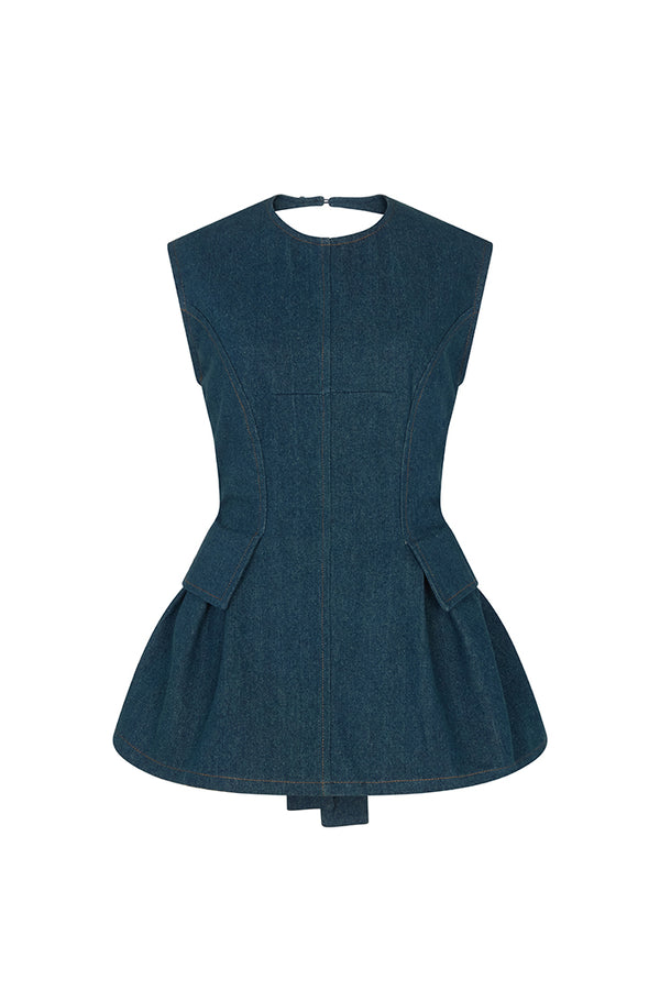 LINCOLN BACKLESS DENIM PEPLUM TOP