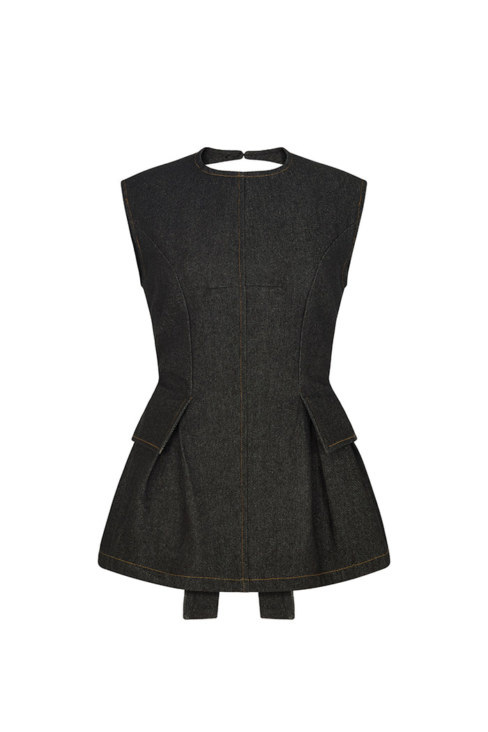 LINCOLN BACKLESS PEPLUM TOP IN BLACK DENIM – THE KEMIST