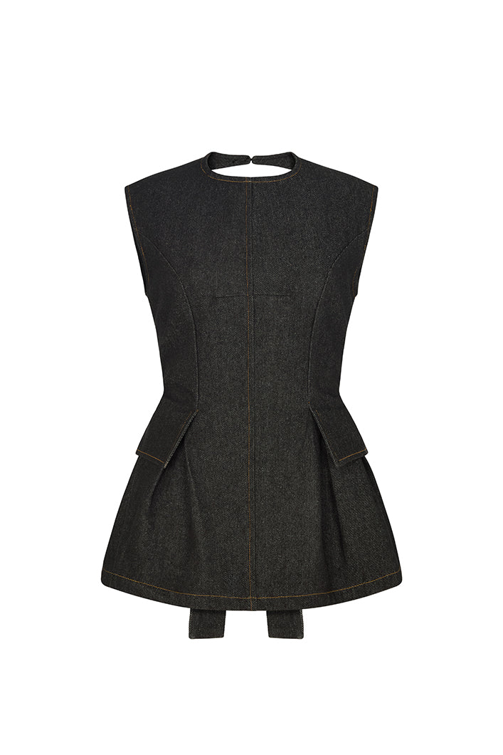 LINCOLN BACKLESS PEPLUM TOP IN BLACK DENIM