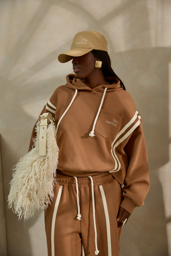 MIYAKO LUXE HYBRID HOODIE IN BROWN AND OFF-WHITE