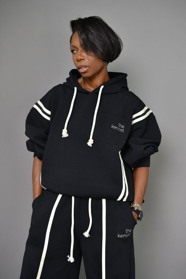 MIYAKO LUXE HYBRID HOODIE IN BLACK AND CREAM