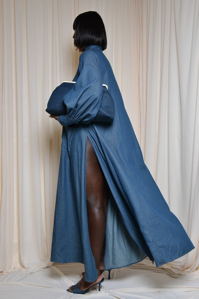 MODENA MAXI FLARED SHIRT DRESS IN LIGHT DENIM – THE KEMIST