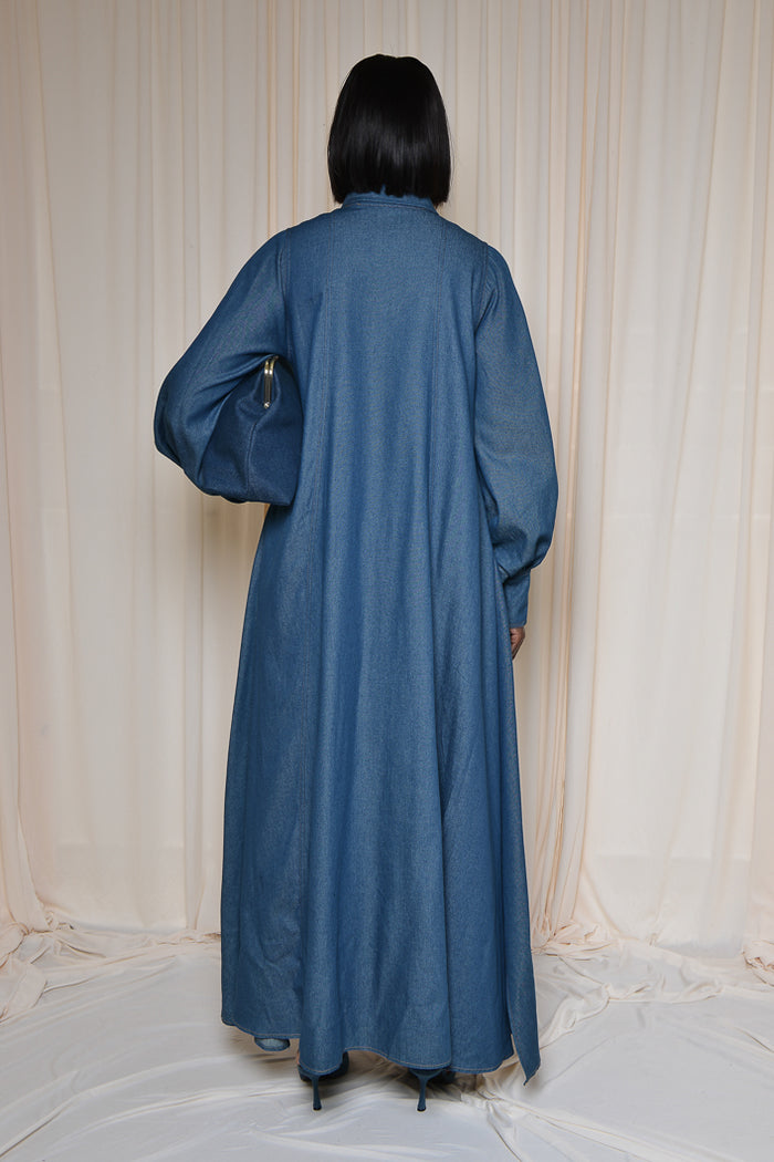 MODENA MAXI FLARED SHIRT DRESS IN LIGHT DENIM – THE KEMIST