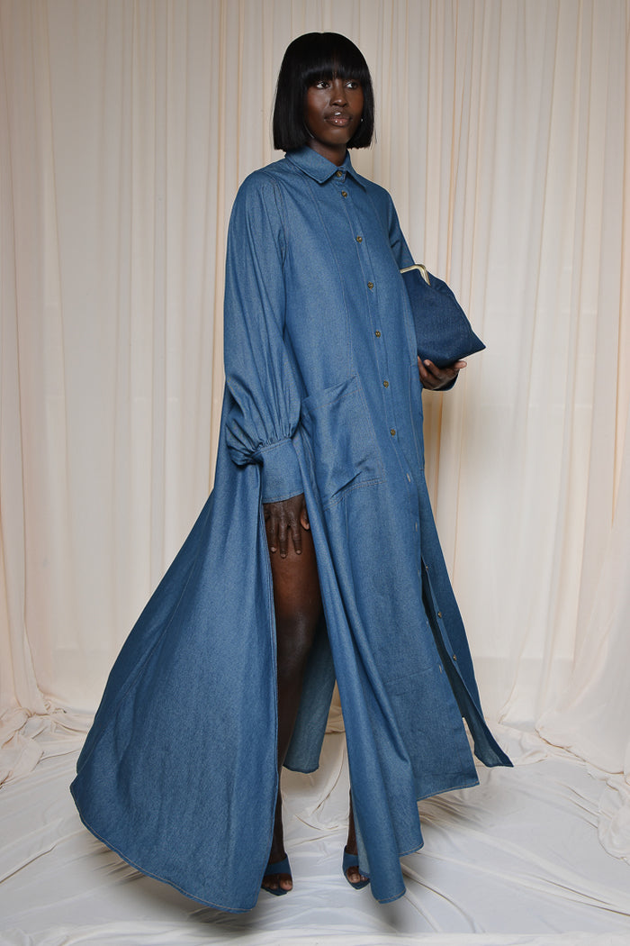 MODENA MAXI FLARED SHIRT DRESS IN LIGHT DENIM – THE KEMIST