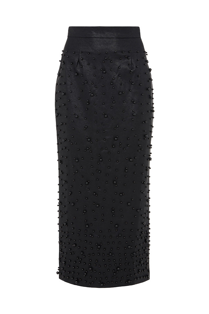 PISA PEARL EMBELLISHED FAUX LEATHER SKIRT IN BLACK