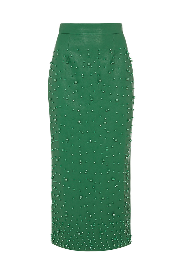 PISA PEARL EMBELLISHED FAUX LEATHER SKIRT IN GREEN