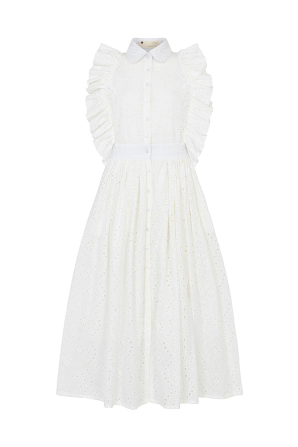 PORTO BRODERIE ANGLAISE SIDE RUFFLE BUTTON DOWN DRESS
