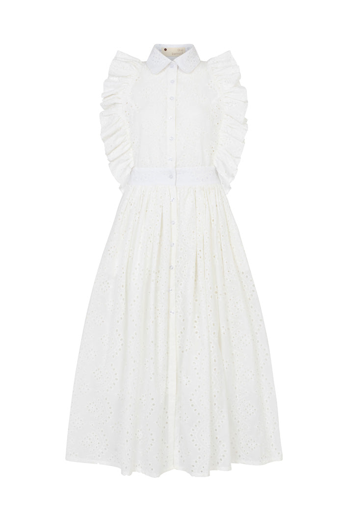 PORTO BRODERIE ANGLAISE SIDE RUFFLE BUTTON DOWN DRESS